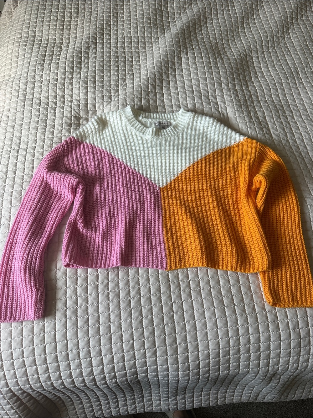 Sincerely Jules Women’s Colorblock Cropped Knit Sweater - Pink, Orange & White